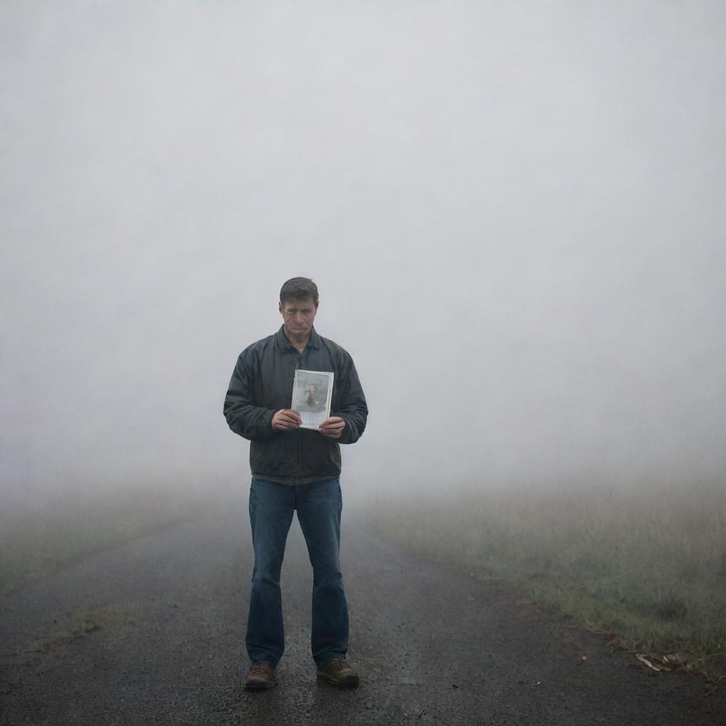 A crestfallen man standing in thick fog, holding a cherished photograph of his wife as he waits for her, the foggy landscape emphasizing his sense of solitude and longing.