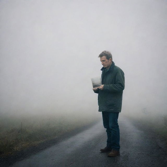 A crestfallen man standing in thick fog, holding a cherished photograph of his wife as he waits for her, the foggy landscape emphasizing his sense of solitude and longing.