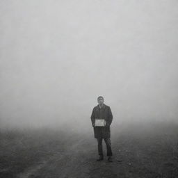 A crestfallen man standing in thick fog, holding a cherished photograph of his wife as he waits for her, the foggy landscape emphasizing his sense of solitude and longing.