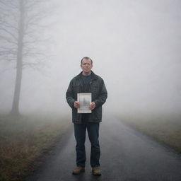 A crestfallen man standing in thick fog, holding a cherished photograph of his wife as he waits for her, the foggy landscape emphasizing his sense of solitude and longing.