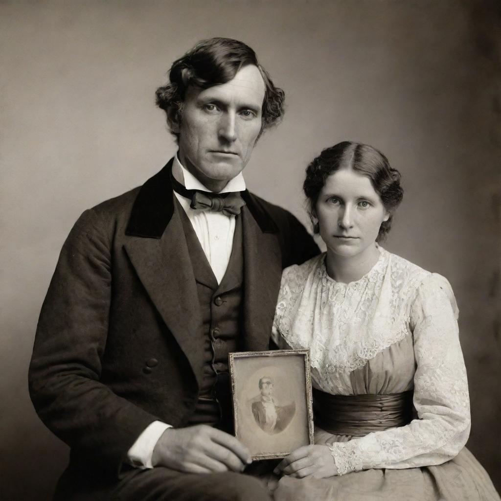 A forlorn man from the year 1845, clad in period attire, holding a sepia-tone photograph of his wife as he patiently waits for her, evoking a sense of timeless love and longing.