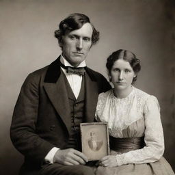 A forlorn man from the year 1845, clad in period attire, holding a sepia-tone photograph of his wife as he patiently waits for her, evoking a sense of timeless love and longing.