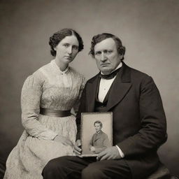 A forlorn man from the year 1845, clad in period attire, holding a sepia-tone photograph of his wife as he patiently waits for her, evoking a sense of timeless love and longing.