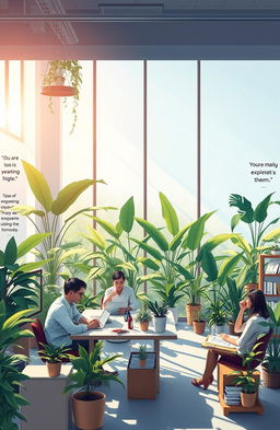 A visually stunning and thought-provoking illustration of a serene office environment in the Philippines, filled with tropical plants and modern decor