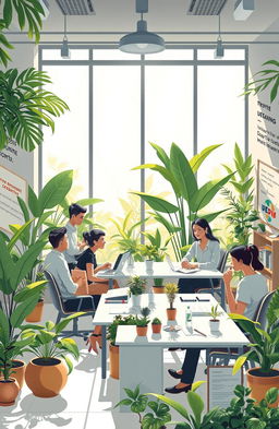 A visually stunning and thought-provoking illustration of a serene office environment in the Philippines, filled with tropical plants and modern decor