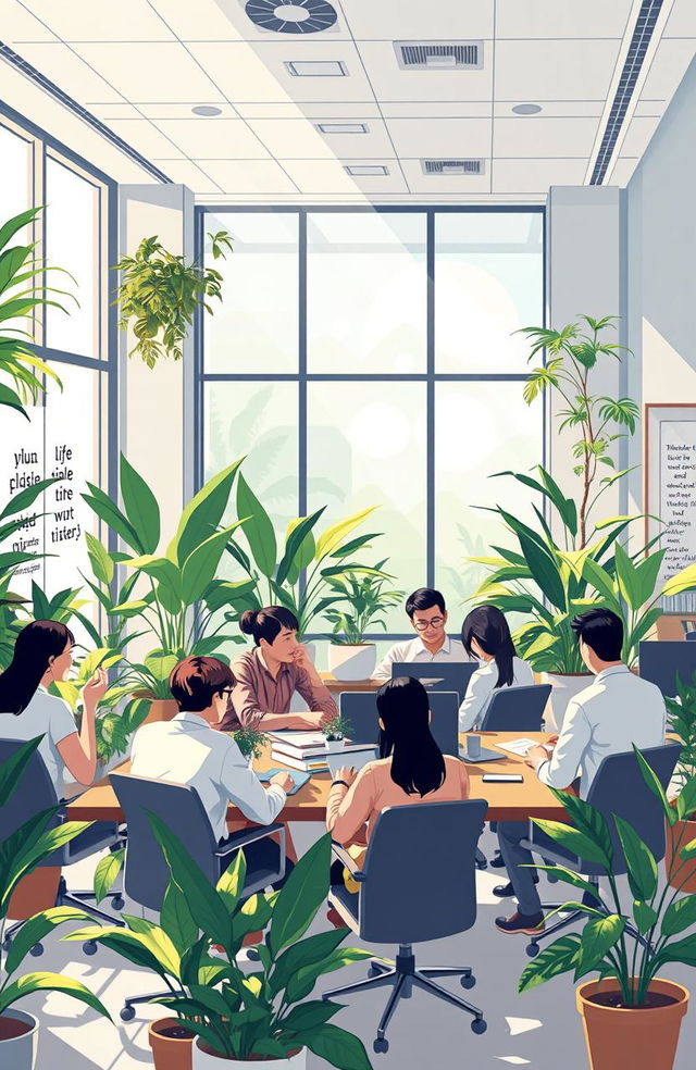 A visually stunning and thought-provoking illustration of a serene office environment in the Philippines, filled with tropical plants and modern decor