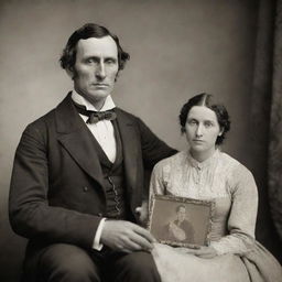 A forlorn man from the year 1845, clad in period attire, holding a sepia-tone photograph of his wife as he patiently waits for her, evoking a sense of timeless love and longing.