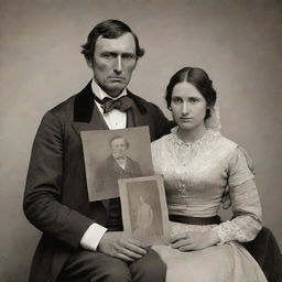 A forlorn man from the year 1845, clad in period attire, holding a sepia-tone photograph of his wife as he patiently waits for her, evoking a sense of timeless love and longing.