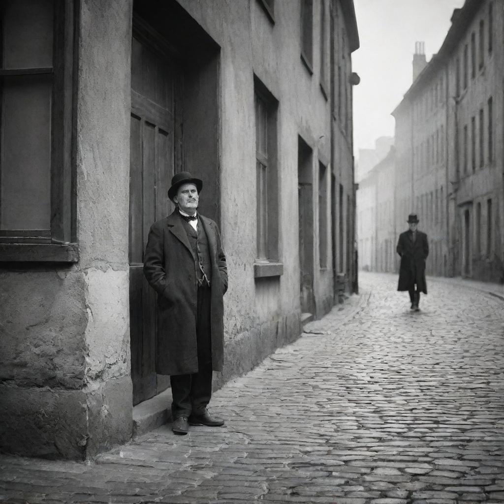 A man from 1890 waiting on a cobblestone street, framed by vintage buildings. His anticipation is palpable, he yearns for the sight of his wife.