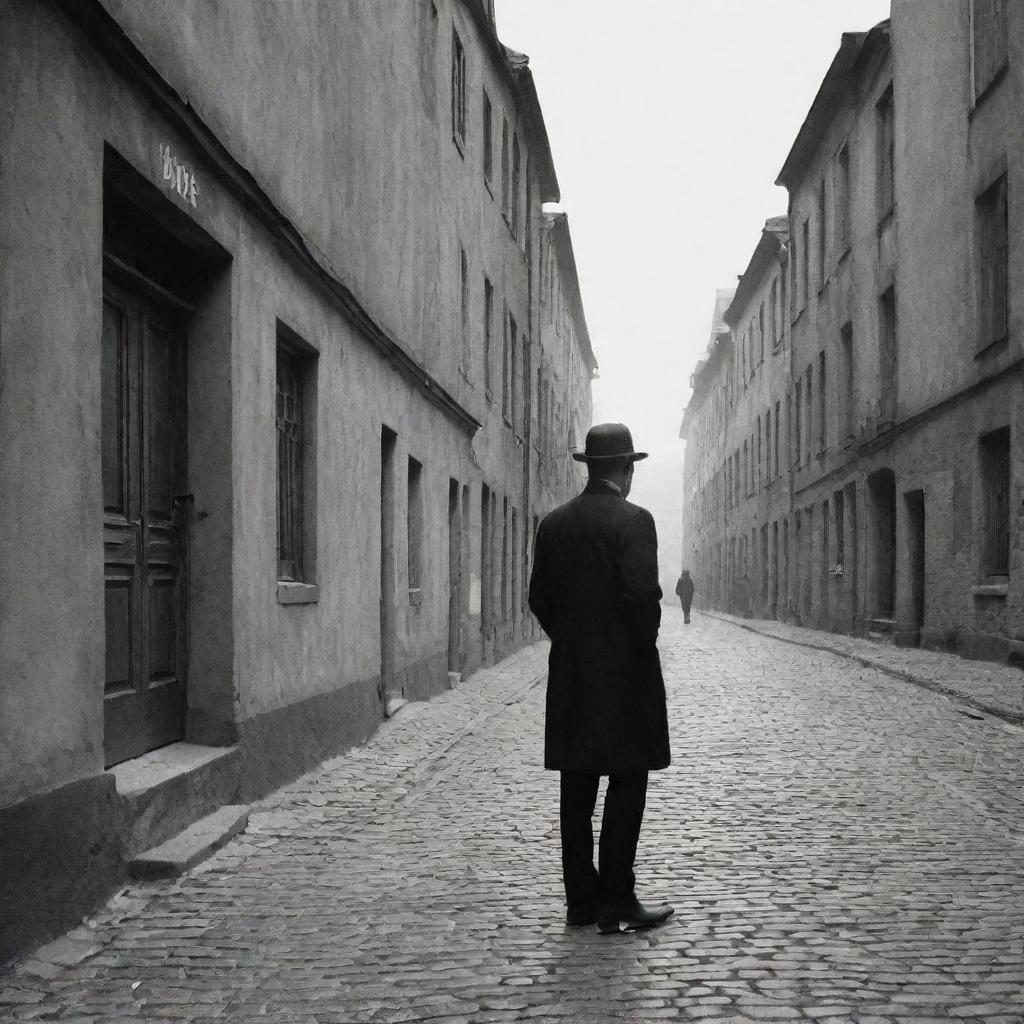 A man from 1890 waiting on a cobblestone street, framed by vintage buildings. His anticipation is palpable, he yearns for the sight of his wife.