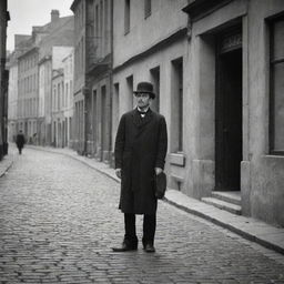 A man from 1890 waiting on a cobblestone street, framed by vintage buildings. His anticipation is palpable, he yearns for the sight of his wife.