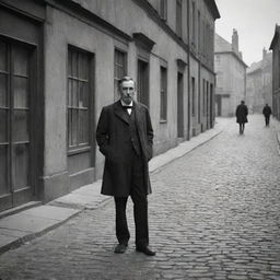 A man from 1890 waiting on a cobblestone street, framed by vintage buildings. His anticipation is palpable, he yearns for the sight of his wife.