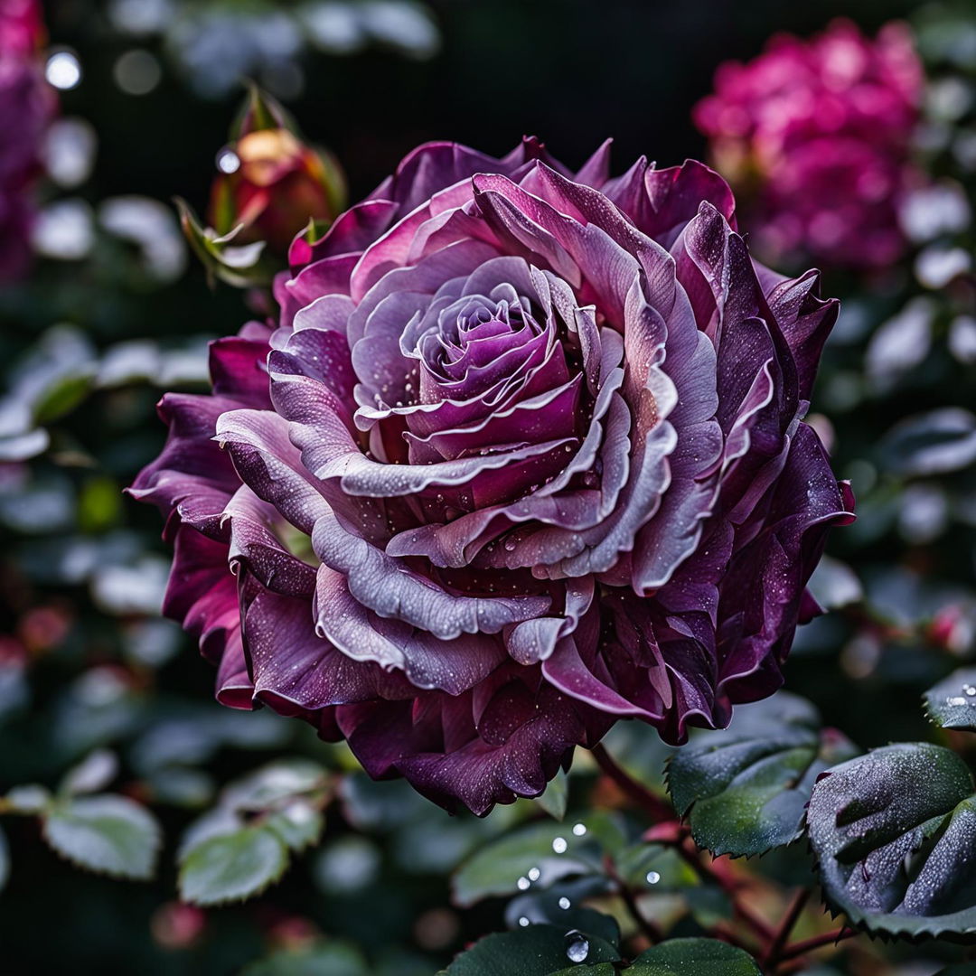 High-definition nature photograph of a purple Double Delight rose in a rose garden, captured in an ultra-close shot with perfect lighting composition.