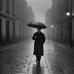 A man from the year 1890, standing resolute amidst a torrential downpour on a cobbled, lantern-lit street, eagerly waiting for his wife.