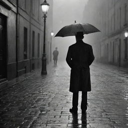 A man from the year 1890, standing resolute amidst a torrential downpour on a cobbled, lantern-lit street, eagerly waiting for his wife.