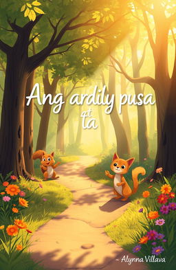 A cheerful and whimsical forest scene featuring a playful squirrel and a friendly cat