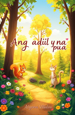 A cheerful and whimsical forest scene featuring a playful squirrel and a friendly cat
