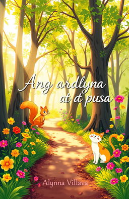 A cheerful and whimsical forest scene featuring a playful squirrel and a friendly cat