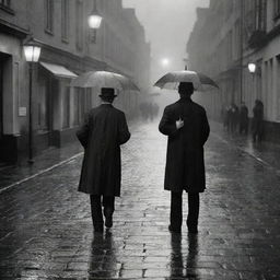 A man from the year 1890, standing resolute amidst a torrential downpour on a cobbled, lantern-lit street, eagerly waiting for his wife.