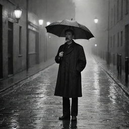 A man from the year 1890, standing resolute amidst a torrential downpour on a cobbled, lantern-lit street, eagerly waiting for his wife.