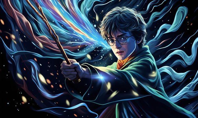 Digital art thumbnail featuring an intense depiction of Harry Potter, against a backdrop of a magical duel.