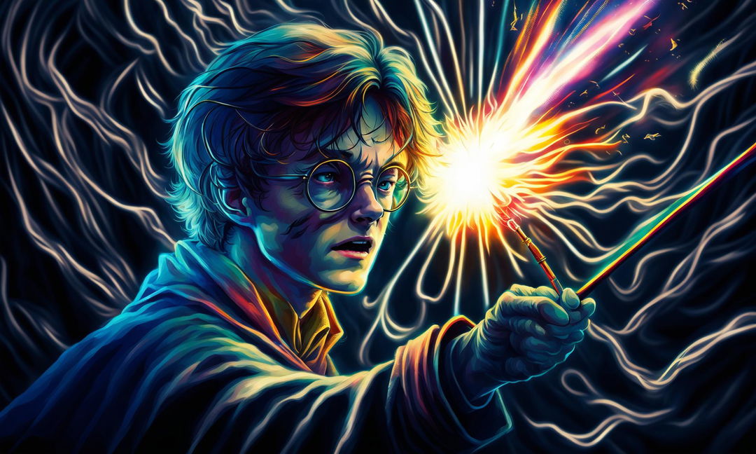 Digital art thumbnail featuring an intense depiction of Harry Potter, against a backdrop of a magical duel.