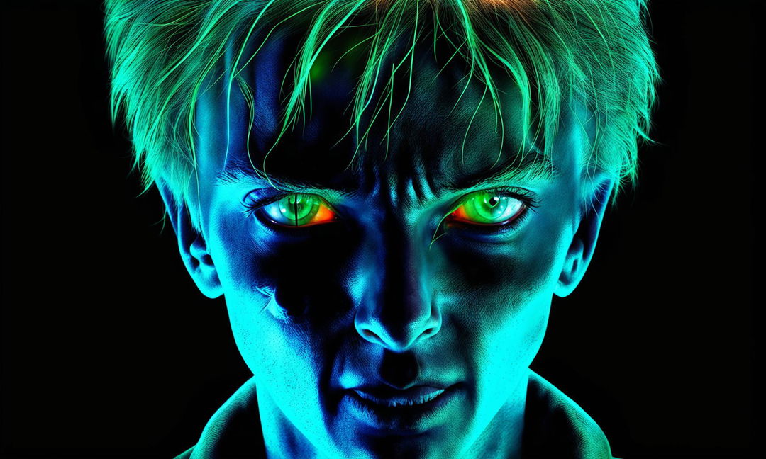 Digital art thumbnail featuring an intense close-up of Harry Potter's face with a neon lightning forehead scar.