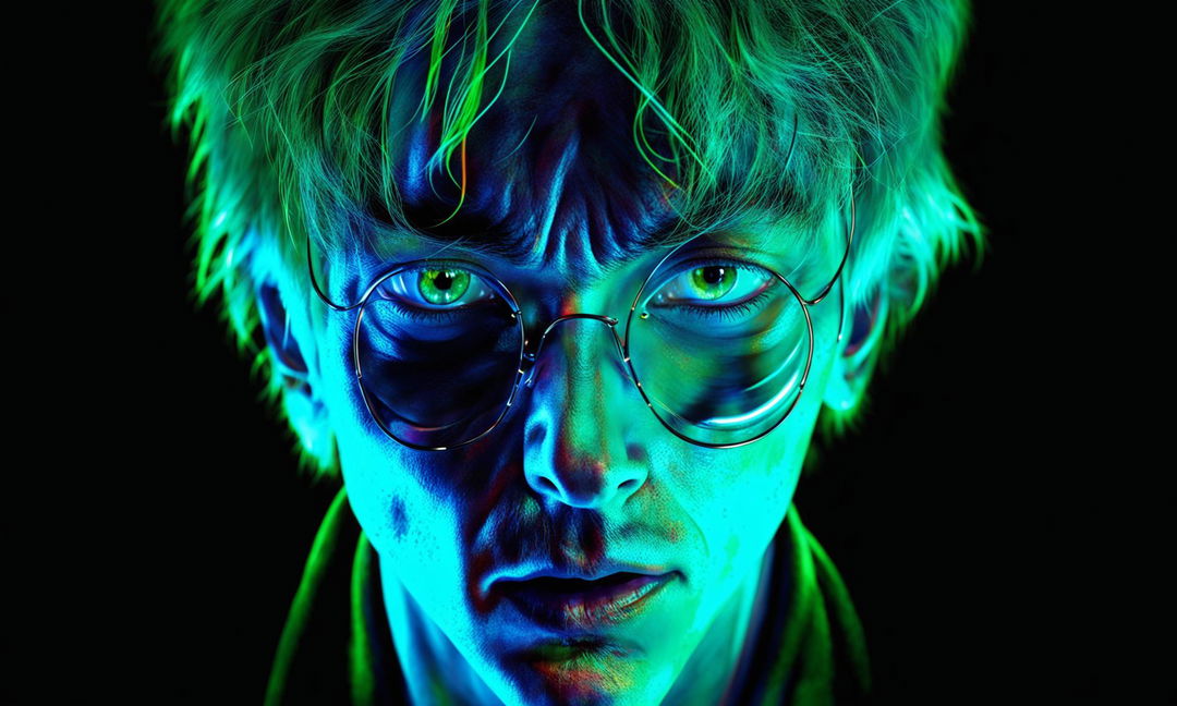 Digital art thumbnail featuring an intense close-up of Harry Potter's face with neon accents.