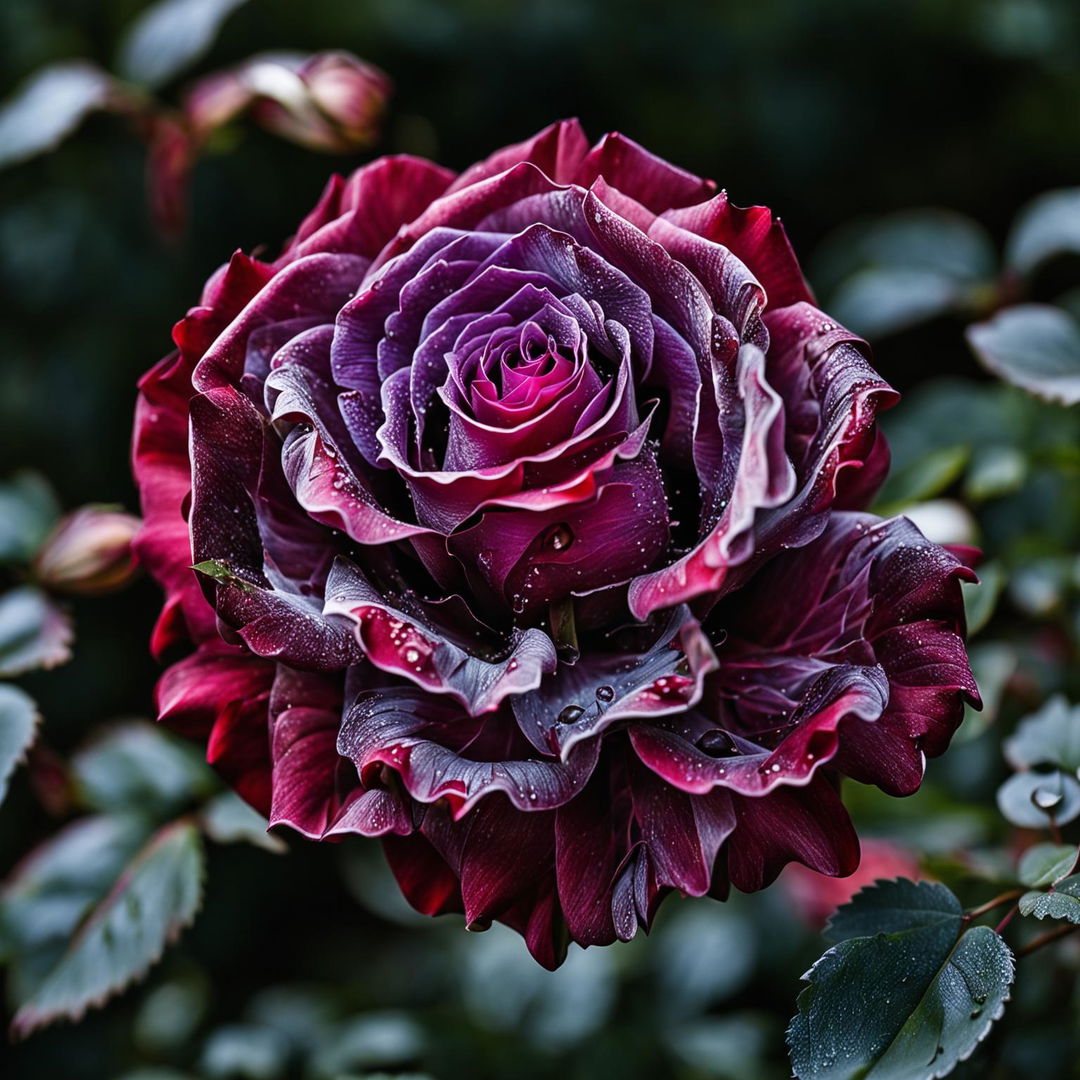 High-definition nature photograph of a purple 'Double Delight' rose in a garden, captured in an ultra-close shot with perfect lighting.