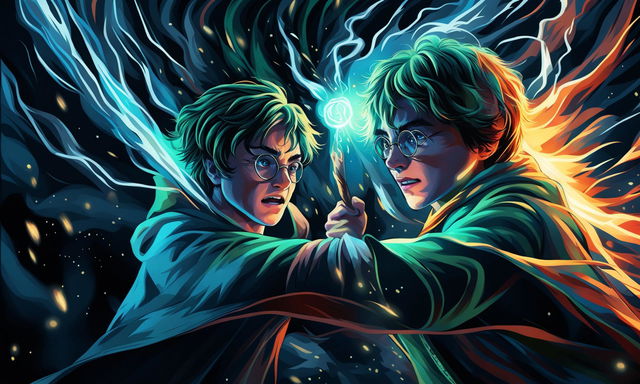 Digital art thumbnail featuring an intense depiction of Harry Potter in the midst of a magical duel.