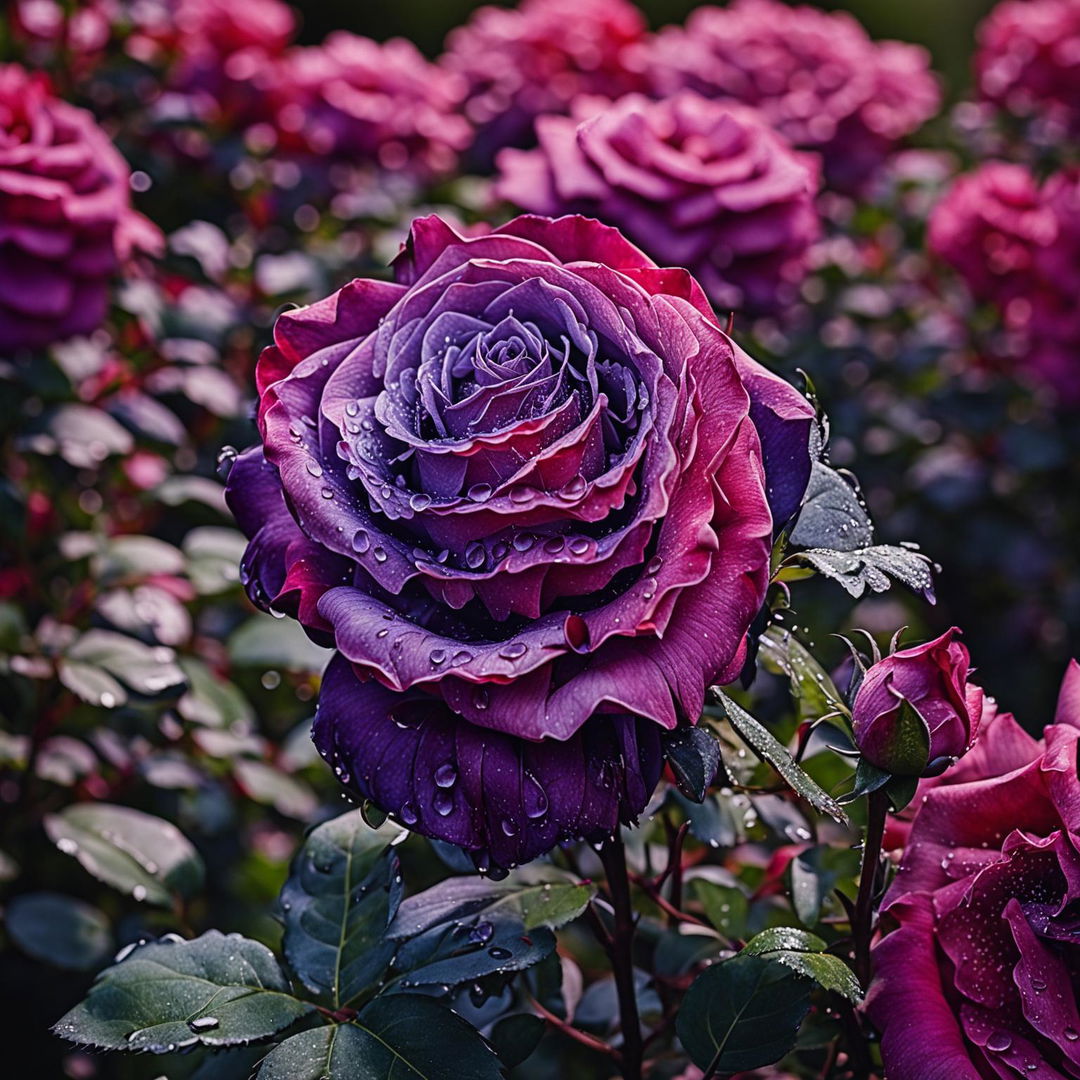 High-definition nature photograph of a purple 'Double Delight' rose in a garden, with more purple roses softly focused in the background.