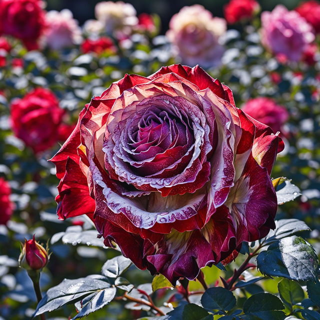 High-definition nature photograph featuring a 'Double Delight' rose in full bloom in a rose garden, with perfect lighting and a single purple rose adding intrigue.