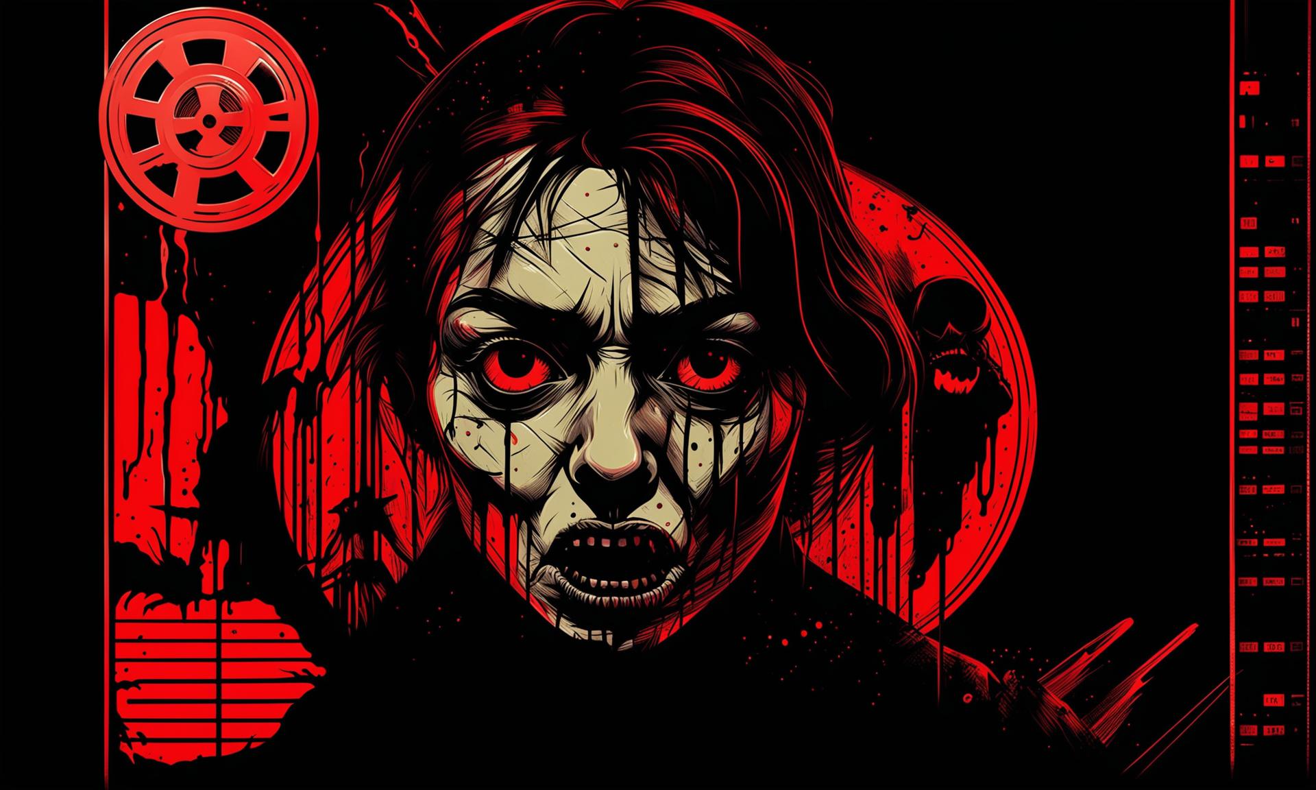 Digital art thumbnail featuring a terrified face, a film reel, and iconic horror movie symbols.
