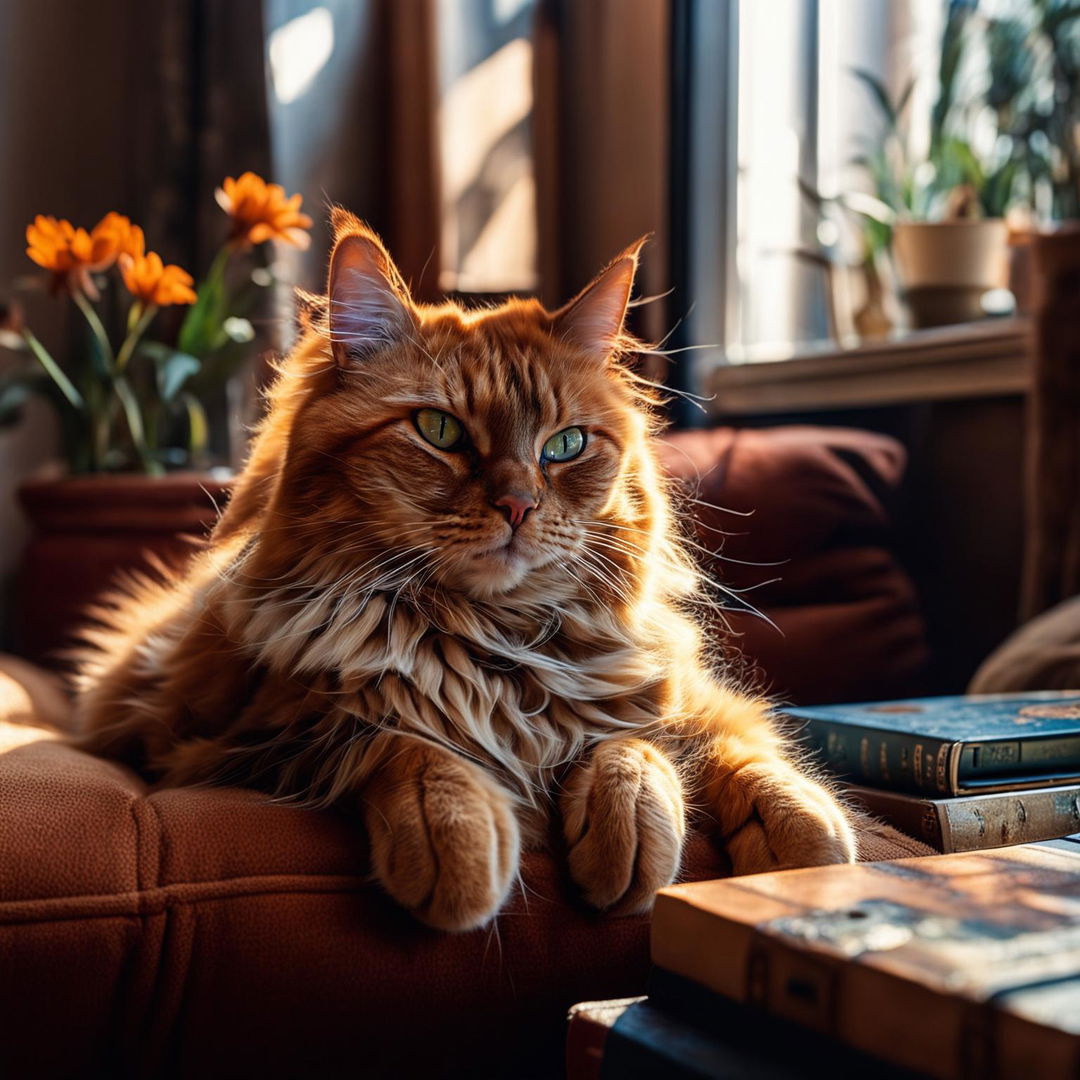 A vibrant ginger cat lounges in a warmly lit living room, its green eyes sparkling with curiosity.