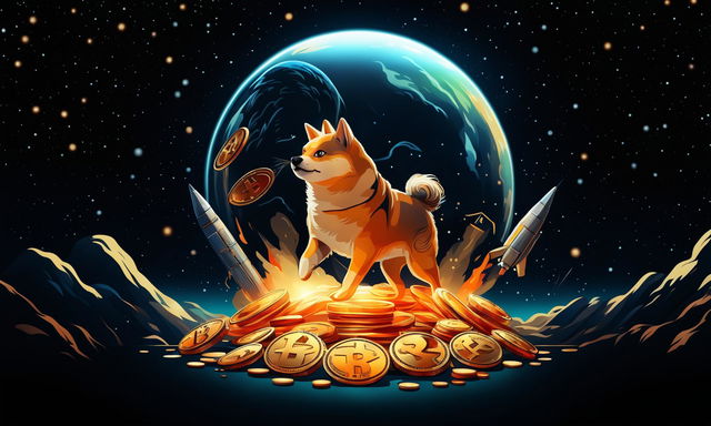 Digital art thumbnail featuring Dogecoin symbol, a rocket, and a pile of coins.