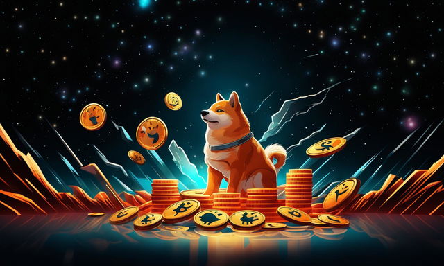 Digital art thumbnail featuring Dogecoin symbol, a rocket, and a pile of coins.