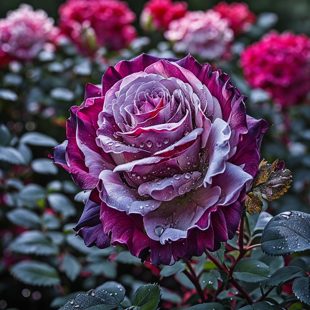 High-definition nature photograph of a purple Double Delight rose in a rose garden with roses in the background, captured in an ultra-close shot with perfect lighting composition.