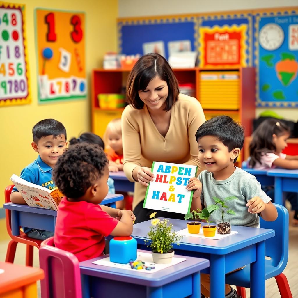 An engaging and colorful scene depicting children learning material in a classroom setting