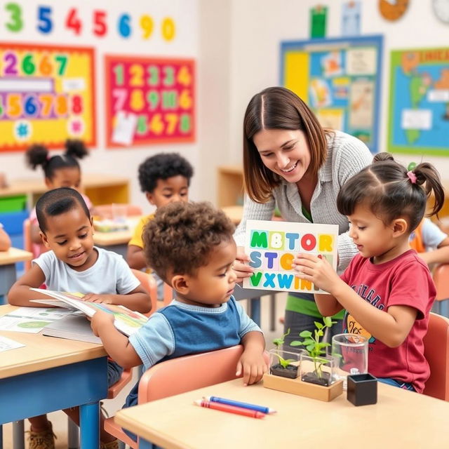 An engaging and colorful scene depicting children learning material in a classroom setting