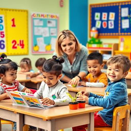 An engaging and colorful scene depicting children learning material in a classroom setting