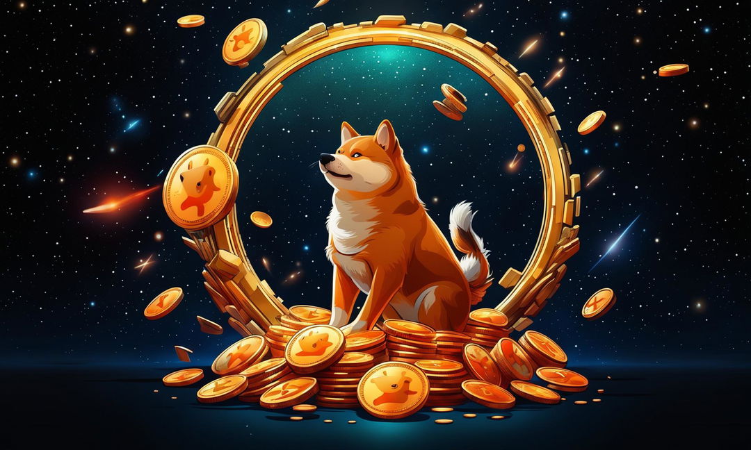 Digital art thumbnail featuring Dogecoin symbol, a rocket, and a pile of coins.