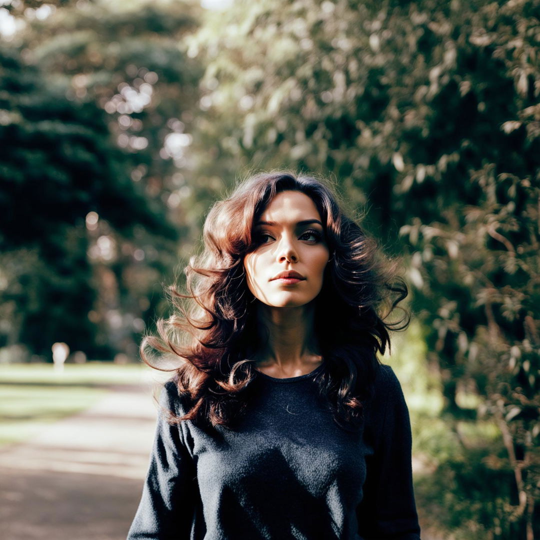 Medium-shot photograph of a woman in a serene park setting, bathed in the soft glow of the afternoon sun.