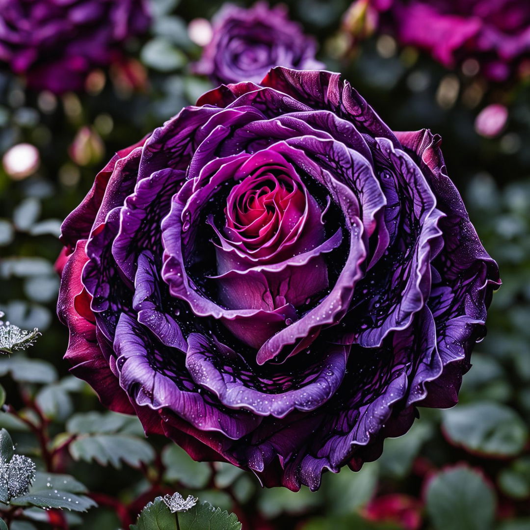 High-definition nature photograph featuring an ultra-close-up shot of a Purple Double Delight rose in a garden setting with perfect lighting and a purple aesthetic.