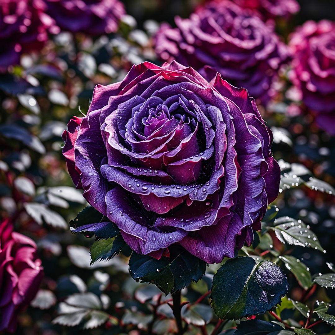 High-definition nature photograph featuring an ultra-close-up shot of a Purple Double Delight rose in a lush garden, with perfect lighting and a dominant purple aesthetic.