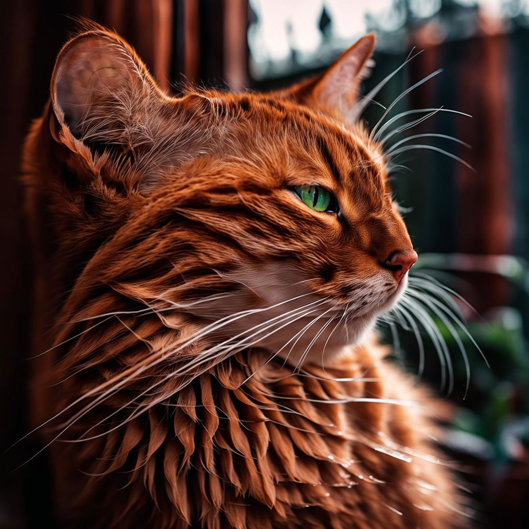 A vibrant ginger cat captured in high detail with a Sony FE 24-70mm f/2.8 GM lens, set against a softly blurred background.