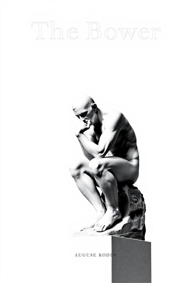 A minimalistic book cover design featuring a black and white depiction of the famous 'The Thinker' statue by Auguste Rodin