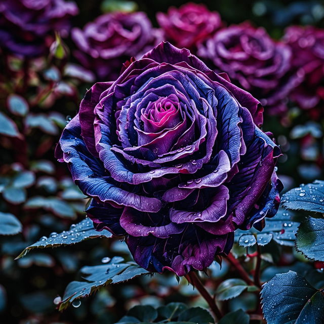 High-definition close-up shot of a 'Purple Rhapsody in Blue' rose with a rose garden in soft focus in the background, bathed in perfect lighting for a purple aesthetic.