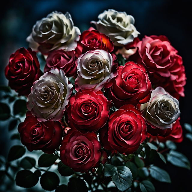 High-definition close-up photograph of a Double Delight rose bouquet with perfect lighting composition and an editorial magazine vibe.