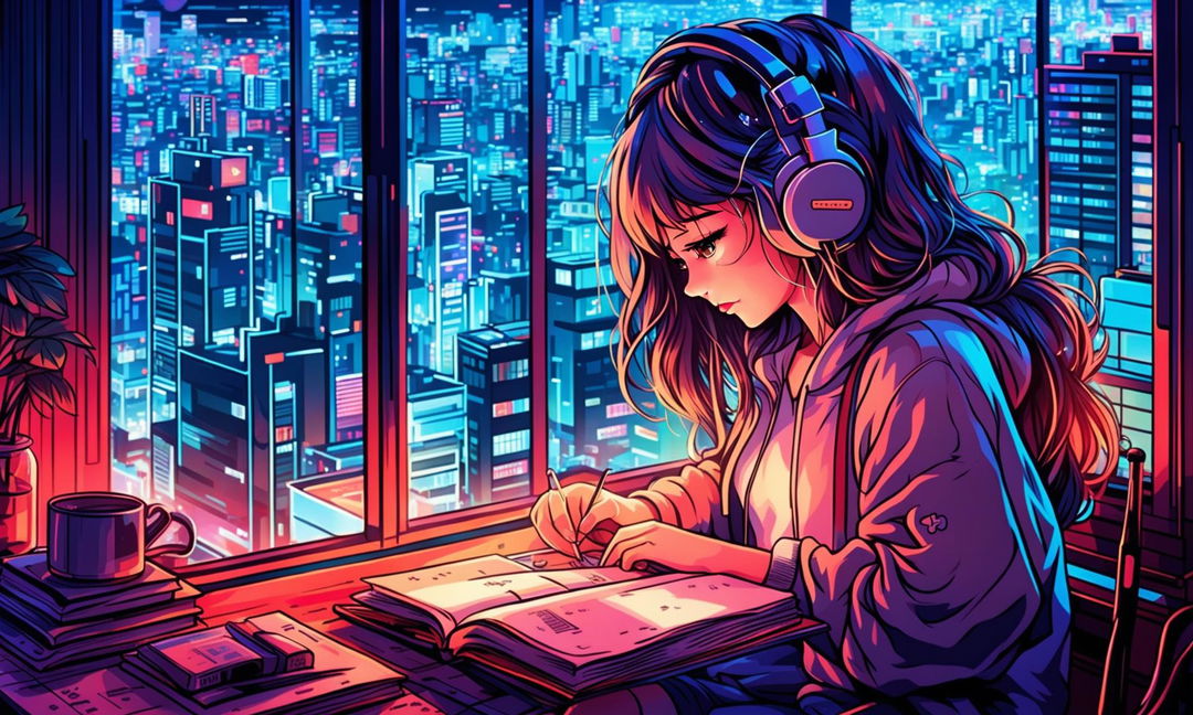 Digital art thumbnail featuring the lofi girl studying in a neon-lit Tokyo setting.