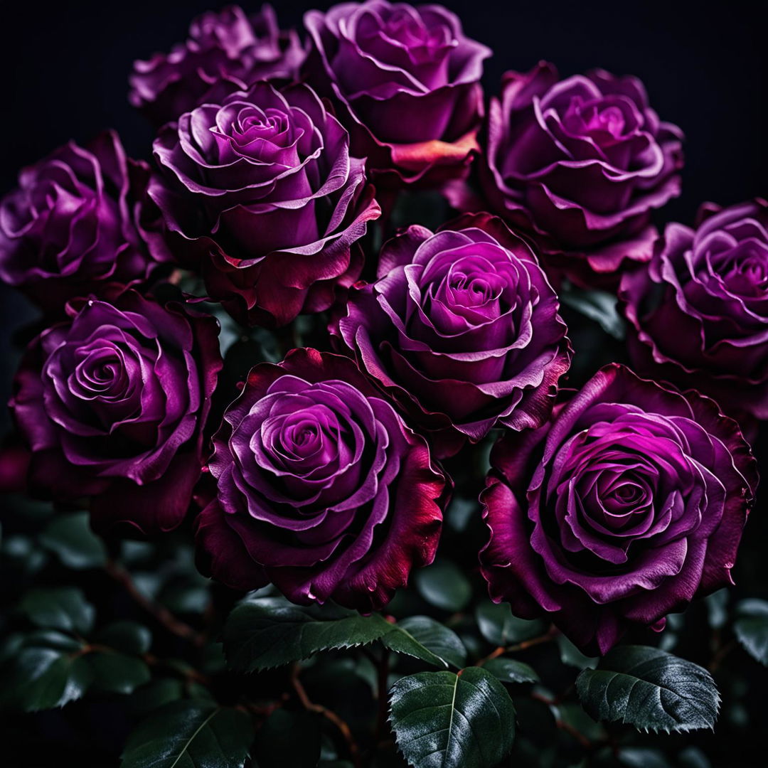 High-definition close-up photograph of a purple rose bouquet with perfect lighting composition and an editorial magazine vibe.